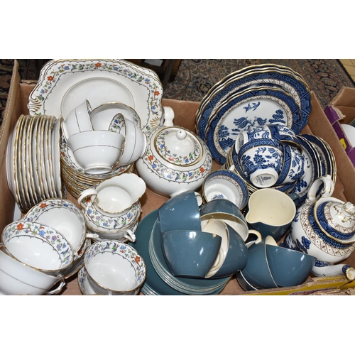 956 - FIVE BOXES AND LOOSE CERAMICS, to include a twenty eight piece Booths Real Old Willow part dinner se... 