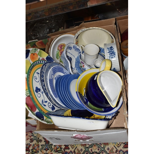 957 - SIX BOXES AND LOOSE CERAMICS AND KITCHEN WARES, to include two Richard Bramble serving plates depict... 