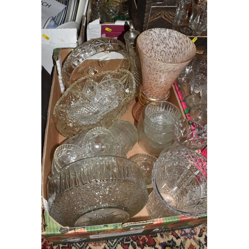 958 - FOUR BOXES OF GLASSWARE, to include an art deco pink and white speckled glass vase with gilt bands, ... 