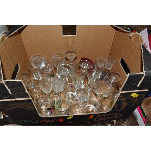 958 - FOUR BOXES OF GLASSWARE, to include an art deco pink and white speckled glass vase with gilt bands, ... 