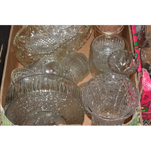 958 - FOUR BOXES OF GLASSWARE, to include an art deco pink and white speckled glass vase with gilt bands, ... 