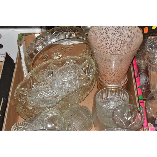 958 - FOUR BOXES OF GLASSWARE, to include an art deco pink and white speckled glass vase with gilt bands, ... 