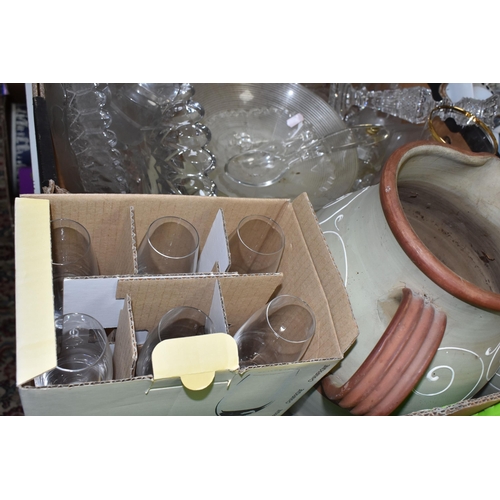 959 - THREE BOXES OF MIXED CERAMICS AND GLASS to include five table lamps, three Chinese collector plates,... 