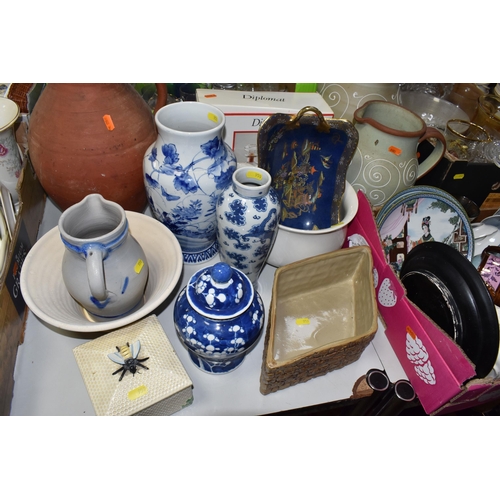 959 - THREE BOXES OF MIXED CERAMICS AND GLASS to include five table lamps, three Chinese collector plates,... 