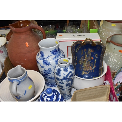 959 - THREE BOXES OF MIXED CERAMICS AND GLASS to include five table lamps, three Chinese collector plates,... 