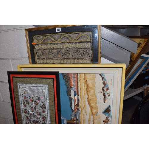 967 - A QUANTITY OF PICTURES AND PRINTS ETC, to include a Chinese 100 boys silk panel, approximate size 63... 