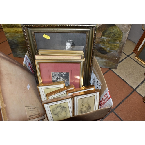 972 - A SMALL QUANTITY OF PICTURES PRINTS AND FRAMES, to include an early 20th century landscape with swan... 