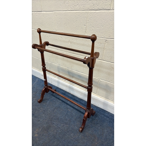 184 - A VICTORIAN MAHOGANY TOWEL RAIL, with four rails, raised on tapered and fluted supports, height 91cm... 