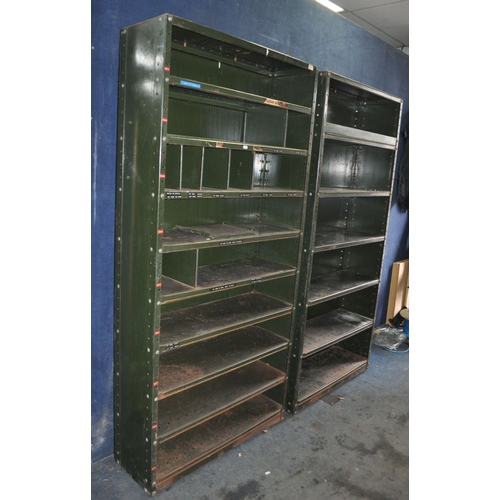 65 - TWO MID CENTURY INDUSTRIAL SHELVING UNITS, with twelve adjustable shelves and dividers between both,... 