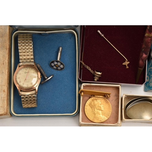 555 - A BOX OF ASSORTED ITEMS, to include two aviation design silver tie slides, hallmarked 'Keith Hamilto... 