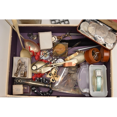 555 - A BOX OF ASSORTED ITEMS, to include two aviation design silver tie slides, hallmarked 'Keith Hamilto... 