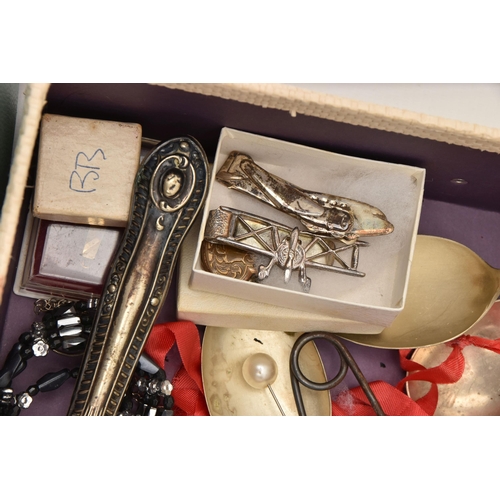 555 - A BOX OF ASSORTED ITEMS, to include two aviation design silver tie slides, hallmarked 'Keith Hamilto... 