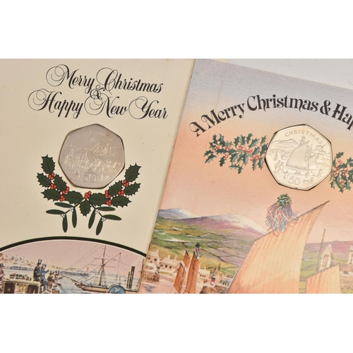 589 - A PARCEL OF COINS TO INCLUDE POBJOY MINT ISLE OF MAN CHRISTMAS FIFTY PENCE PROOFS 1980 AND 1981 ON C... 