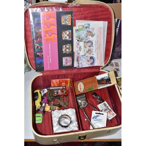 756 - A VINTAGE CASE OF MISCELLANEOUS ITEMS to include assorted stamps, a plated royal commemorative napki... 