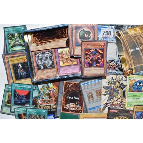 758 - A TIN OF OVER THREE HUNDRED YU-GI-OH CARDS, includes first editions, rares, ultra rares and secret r... 