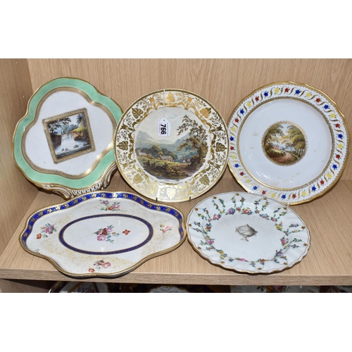 766 - FIVE PIECES OF LATE EIGHTEENTH AND EARLY NINETEENTH CENTURY DERBY PORCELAIN, comprising a 22.5cm cab... 