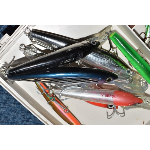 768 - A BOX OF ASSORTED FISHING LURES, to include jerkbait and poppers, all with barbed hooks, brands to i... 