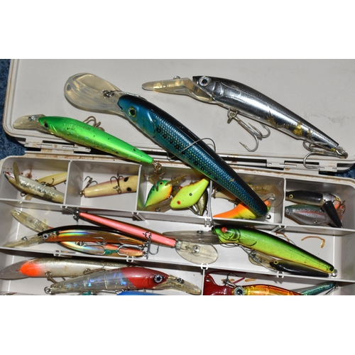 768 - A BOX OF ASSORTED FISHING LURES, to include jerkbait and poppers, all with barbed hooks, brands to i... 