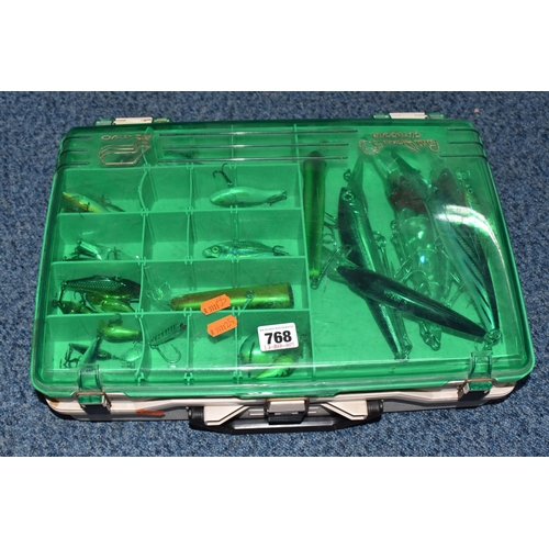 768 - A BOX OF ASSORTED FISHING LURES, to include jerkbait and poppers, all with barbed hooks, brands to i... 