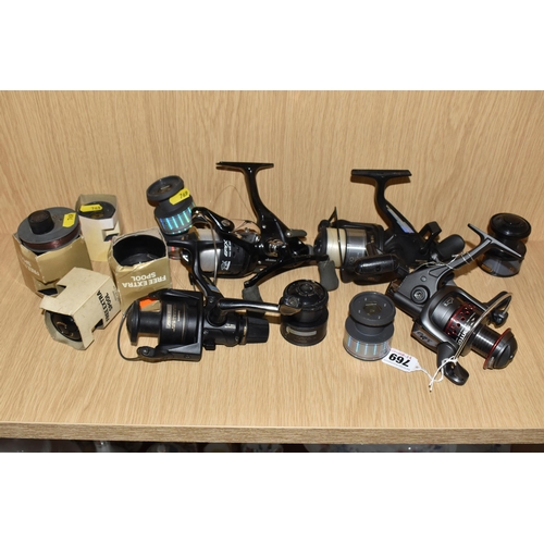 769 - A GROUP OF FISHING REELS, to include a Fox Santos 3200FD reel (as new with tag attached), a Shimano ... 