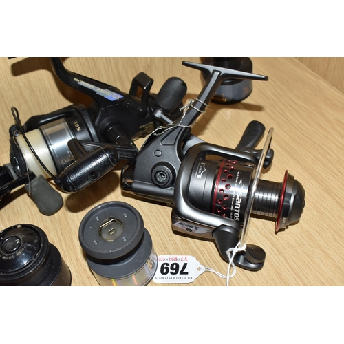 769 - A GROUP OF FISHING REELS, to include a Fox Santos 3200FD reel (as new with tag attached), a Shimano ... 