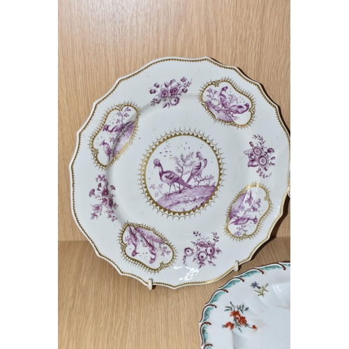 774 - FOUR CHELSEA PORCELAIN PLATES, comprising a gold anchor period plate with shaped gilt rim, painted w... 