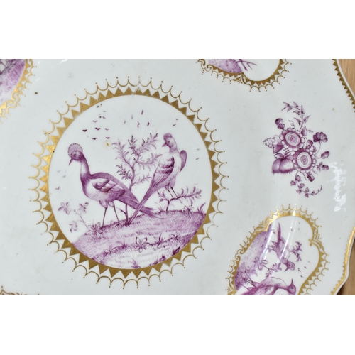 774 - FOUR CHELSEA PORCELAIN PLATES, comprising a gold anchor period plate with shaped gilt rim, painted w... 