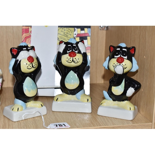 781 - A SET OF THREE LORNA BAILEY CATS, Hear No Evil, See No Evil, Speak No Evil, all signed to bases, hei... 