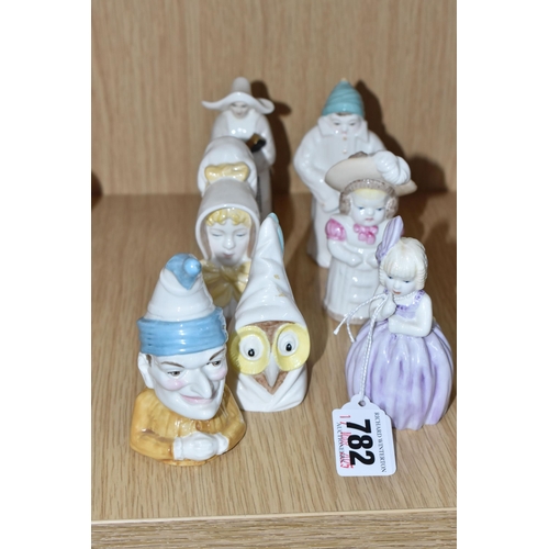 782 - SEVEN ROYAL WORCESTER CANDLE SNUFFERS, comprising Hush, Owl, Punch, Young Girl, Feathered Hat, Nun (... 