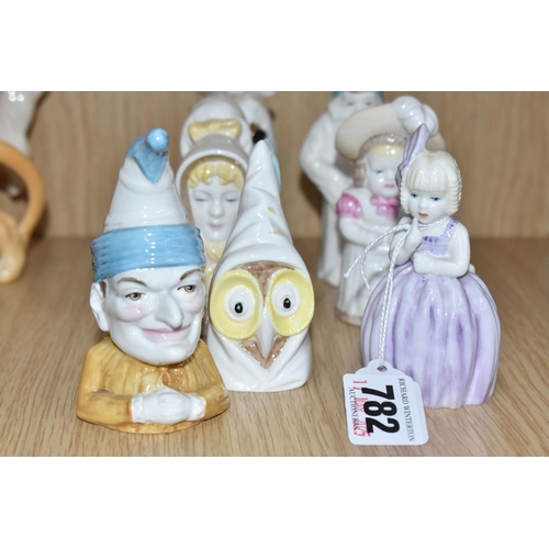 782 - SEVEN ROYAL WORCESTER CANDLE SNUFFERS, comprising Hush, Owl, Punch, Young Girl, Feathered Hat, Nun (... 