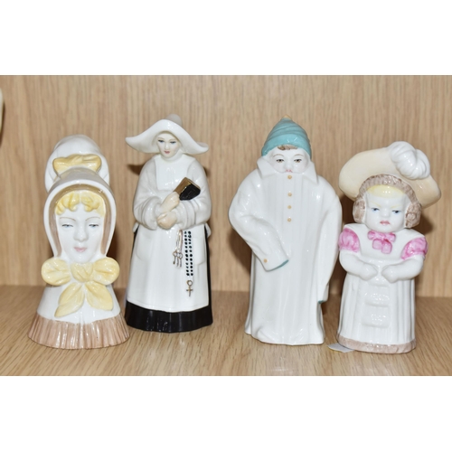 782 - SEVEN ROYAL WORCESTER CANDLE SNUFFERS, comprising Hush, Owl, Punch, Young Girl, Feathered Hat, Nun (... 