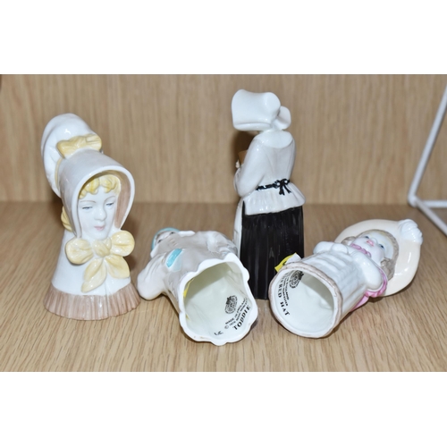 782 - SEVEN ROYAL WORCESTER CANDLE SNUFFERS, comprising Hush, Owl, Punch, Young Girl, Feathered Hat, Nun (... 