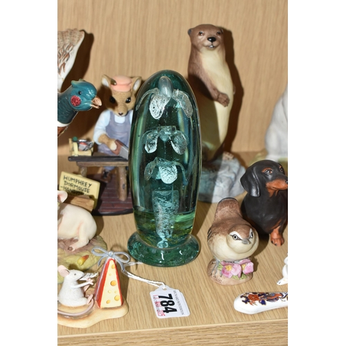 784 - A COLLECTION OF ANIMAL FIGURES, CERAMICS AND GLASS, to include a Victorian glass dump weight, height... 