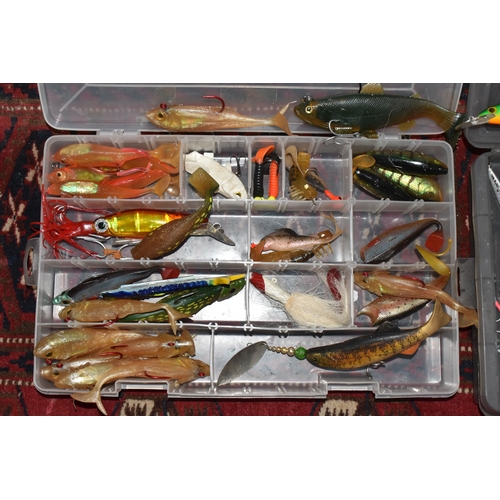 788 - TWO BOXES OF FISHING LURES, of various types including hard and soft, with barbed hooks, by manufact... 