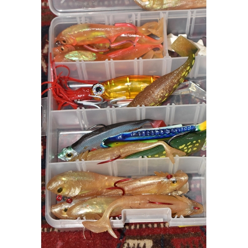 788 - TWO BOXES OF FISHING LURES, of various types including hard and soft, with barbed hooks, by manufact... 