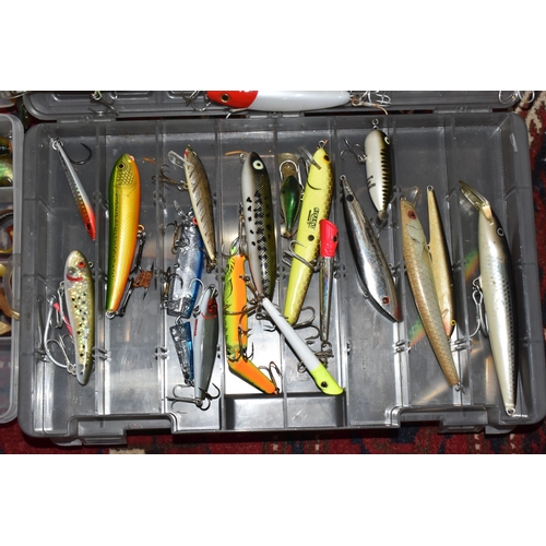 788 - TWO BOXES OF FISHING LURES, of various types including hard and soft, with barbed hooks, by manufact... 