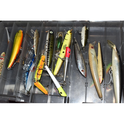 788 - TWO BOXES OF FISHING LURES, of various types including hard and soft, with barbed hooks, by manufact... 