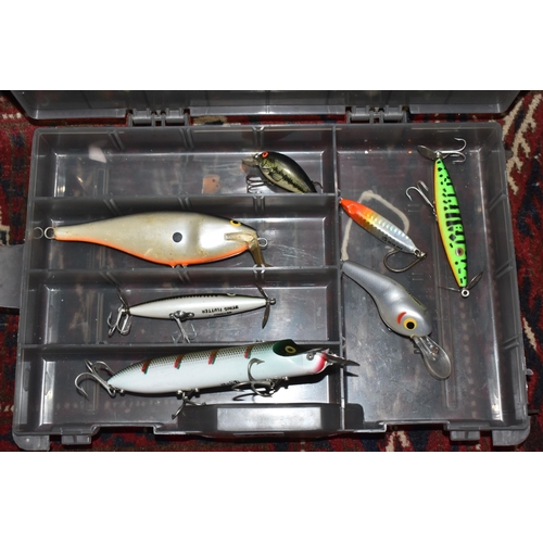 788 - TWO BOXES OF FISHING LURES, of various types including hard and soft, with barbed hooks, by manufact... 