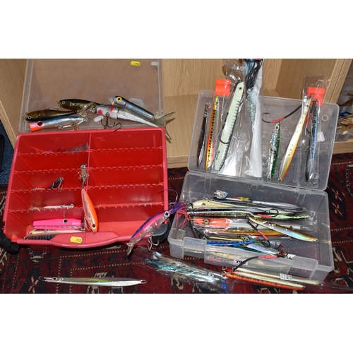 792 - TWO BOXES OF FISHING LURES, of various types including metal pirk lures, with barbed hooks, by manuf... 