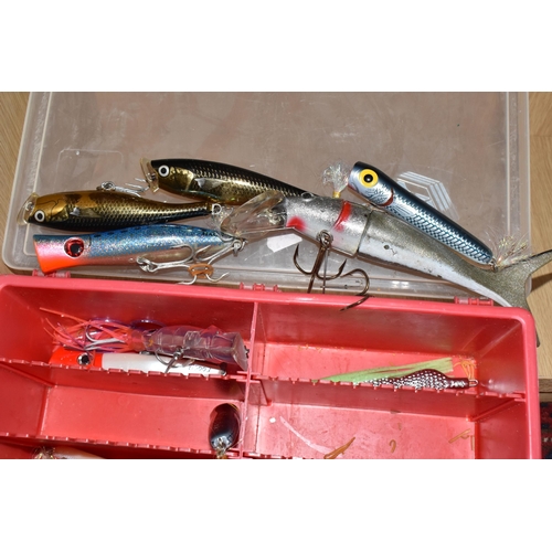 792 - TWO BOXES OF FISHING LURES, of various types including metal pirk lures, with barbed hooks, by manuf... 