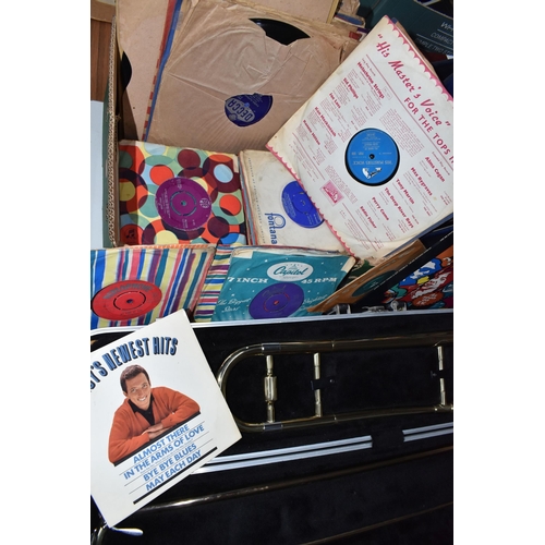 794 - A CASED TROMBONE, A BOX AND A CASE OF RECORDS, to include an Elkhart Industries Blessing Scholastic ... 