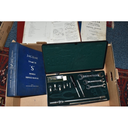 796 - A BOX OF JAGUAR CAR RELATED ITEMS, to include a Jaguar tool box with partial contents (missing two s... 