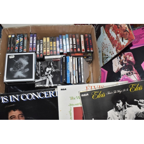 797 - A BOX, A CASE AND LOOSE CDS, CASSETTE TAPES, RECORDS AND RECORD HOLDER, to include a David Bowie CD ... 