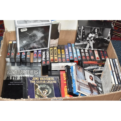 797 - A BOX, A CASE AND LOOSE CDS, CASSETTE TAPES, RECORDS AND RECORD HOLDER, to include a David Bowie CD ... 