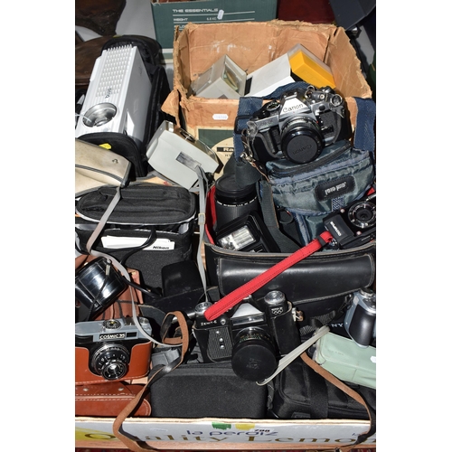 798 - TWO BOXES AND LOOSE CAMERAS ETC to include a Canon 'AE-1 Program' camera fitted with a 45mm 1:2.8 le... 