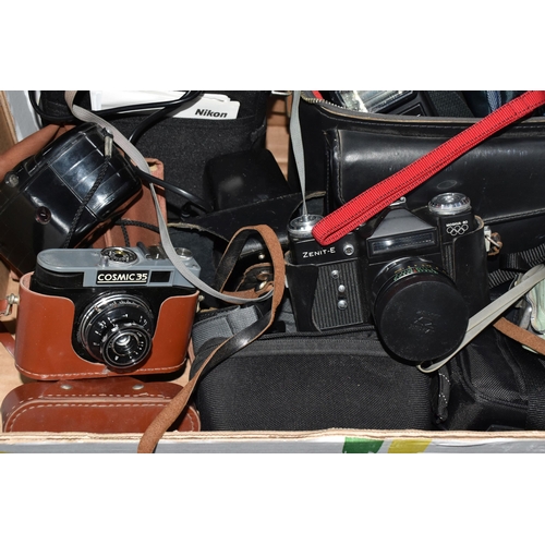 798 - TWO BOXES AND LOOSE CAMERAS ETC to include a Canon 'AE-1 Program' camera fitted with a 45mm 1:2.8 le... 