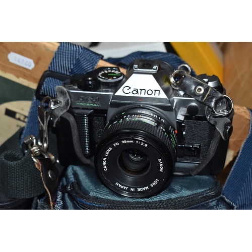 798 - TWO BOXES AND LOOSE CAMERAS ETC to include a Canon 'AE-1 Program' camera fitted with a 45mm 1:2.8 le... 