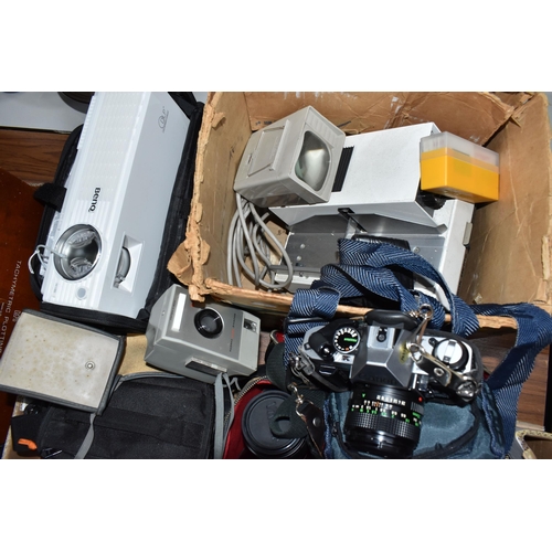 798 - TWO BOXES AND LOOSE CAMERAS ETC to include a Canon 'AE-1 Program' camera fitted with a 45mm 1:2.8 le... 