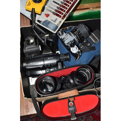 799 - TWO BOXES OF CAMERAS, RECORDERS, AND ENGINEERING ITEMS ETC to include a Pentax 'ME SUPER' fitted wit... 