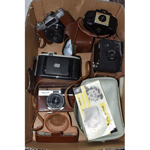 803 - A BOX OF VINTAGE CAMERAS ETC to include a Fujica 35 Automagic, a Zenit-E camera fitted with a Helios... 